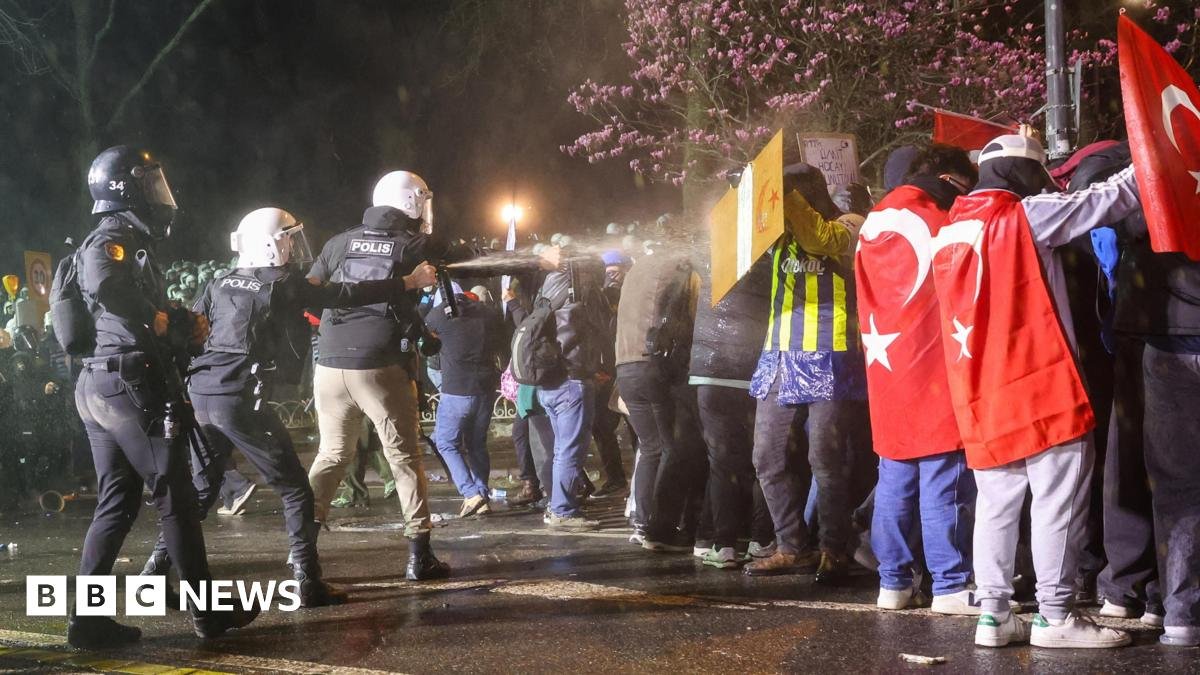 Police officers use pepper spray on demonstrators during a protest on the day Istanbul Mayor Ekrem Imamoglu was jailed as part of a corruption investigation, in Istanbul, Turkey, March 23, 2025