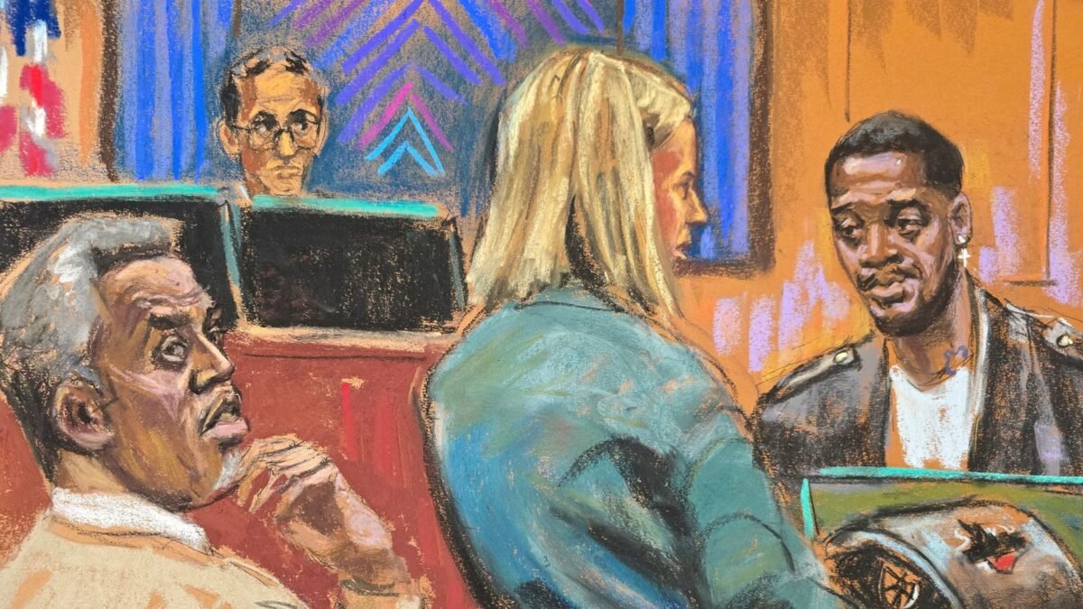 Prosecutor Emily Johnson questions rapper Kid Cudi as he testifies at Sean 'Diddy' Combs' sex trafficking trial in New York City on 22 May 2025. Pic: Reuters/Jane Rosenberg