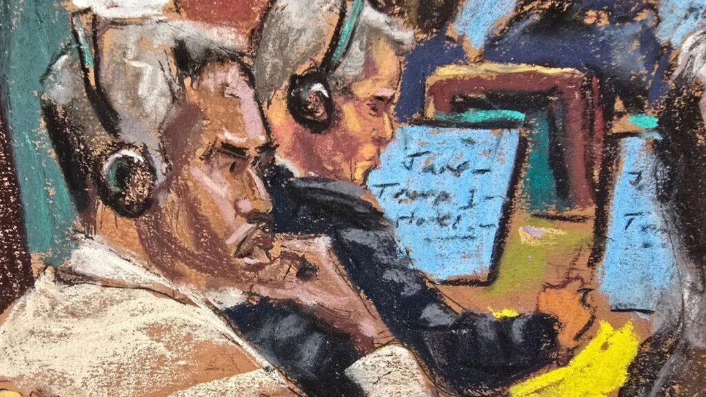 Sean 'Diddy' Combs as jurors were shown explicit videos during his sex trafficking trial. Pic: Court sketch/Jane Rosenberg/Reuters