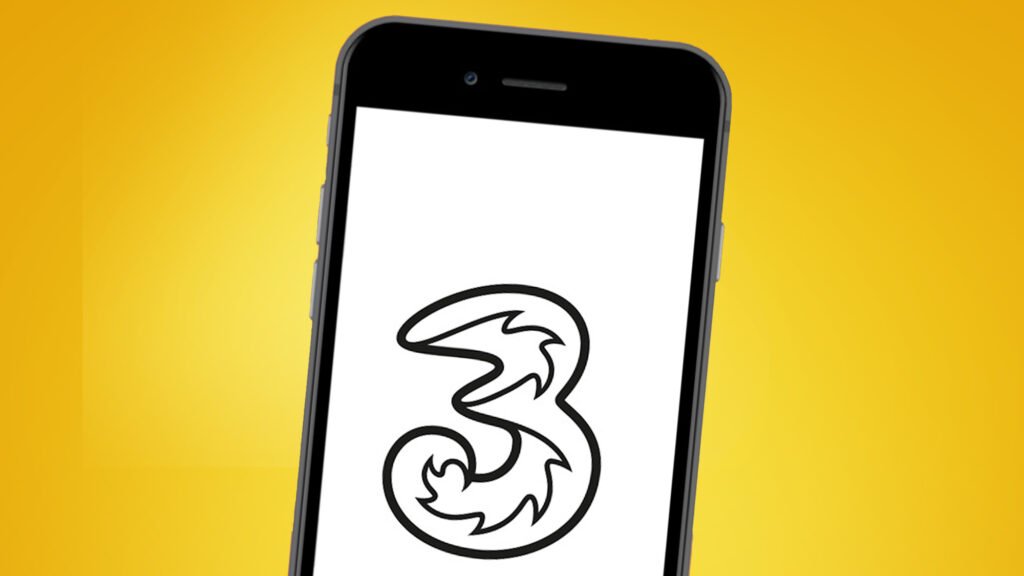 A phone on an orange background showing the Three mobile logo