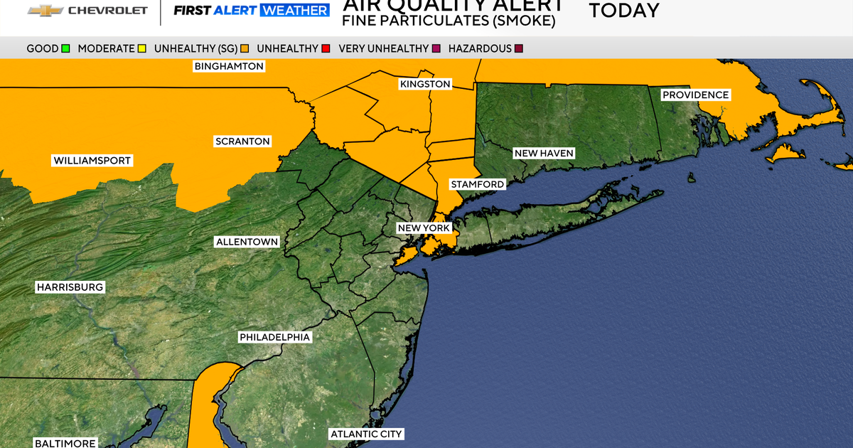 Air quality alert issued for NYC, Hudson Valley today. Map shows Canadian wildfire smoke.