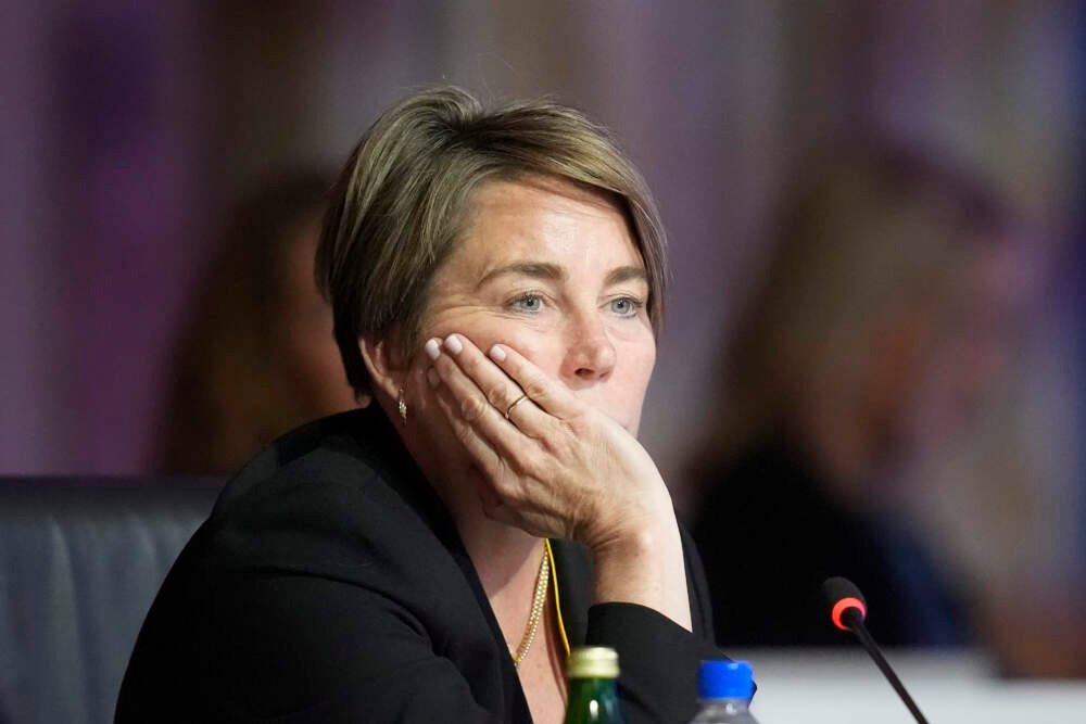 Gov. Maura Healey looks on during a meeting in 2024.
