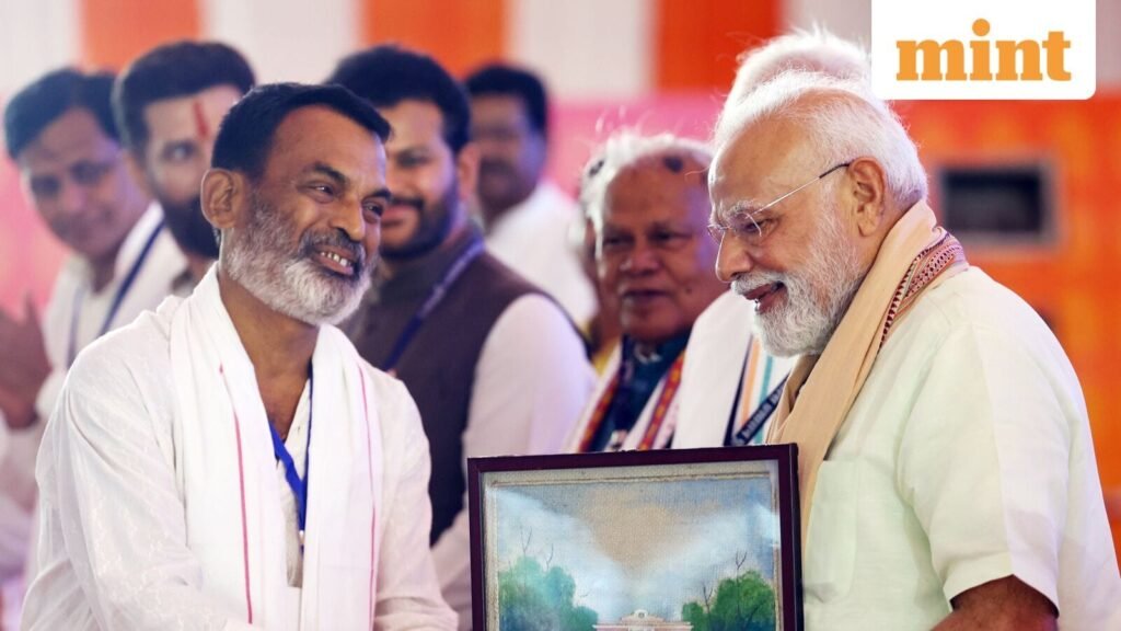PM Modi turns 75 tomorrow: Prime Minister Narendra Modi being presented with a gift during a public meeting, in Purnea, on Monday (DPR PMO/ANI Photo)